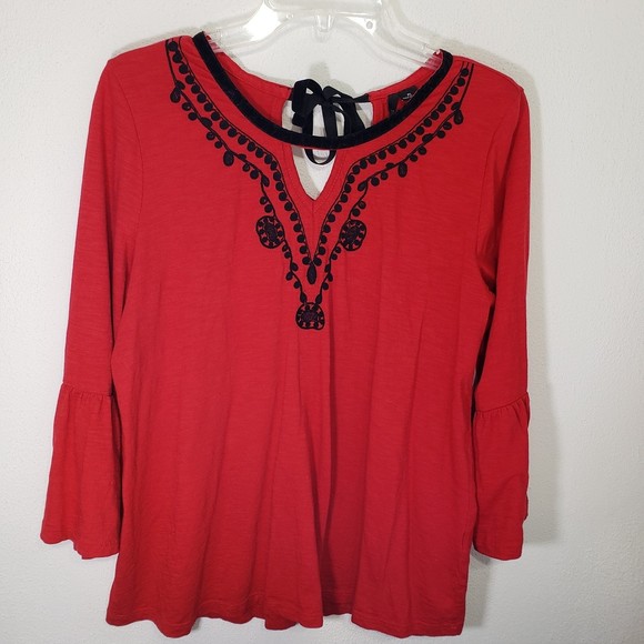 New Directions Red 3/4 Sleeve Blouse with Embroidery and Bell Sleeves, Size PL - Picture 5 of 10